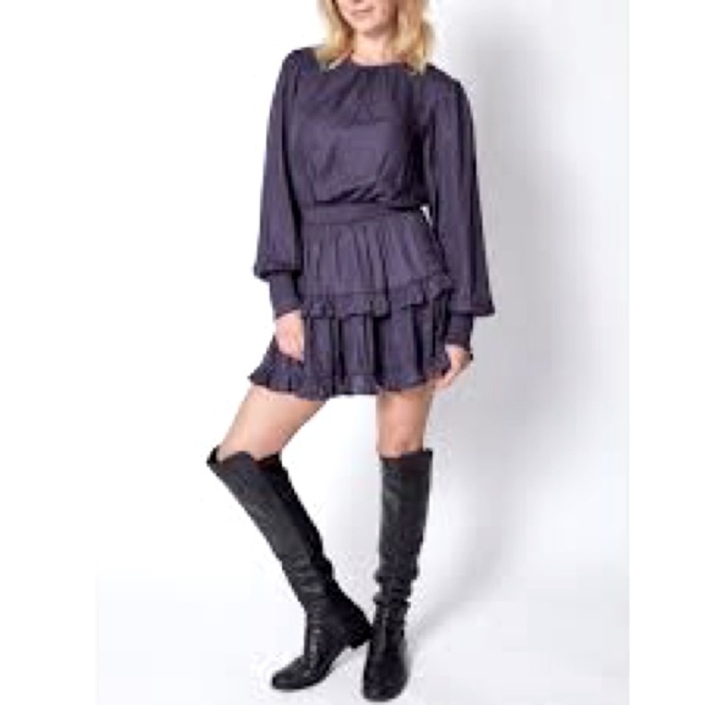 Do + Be plum ruffled tiered smocked balloon sleeve mini dress, small.